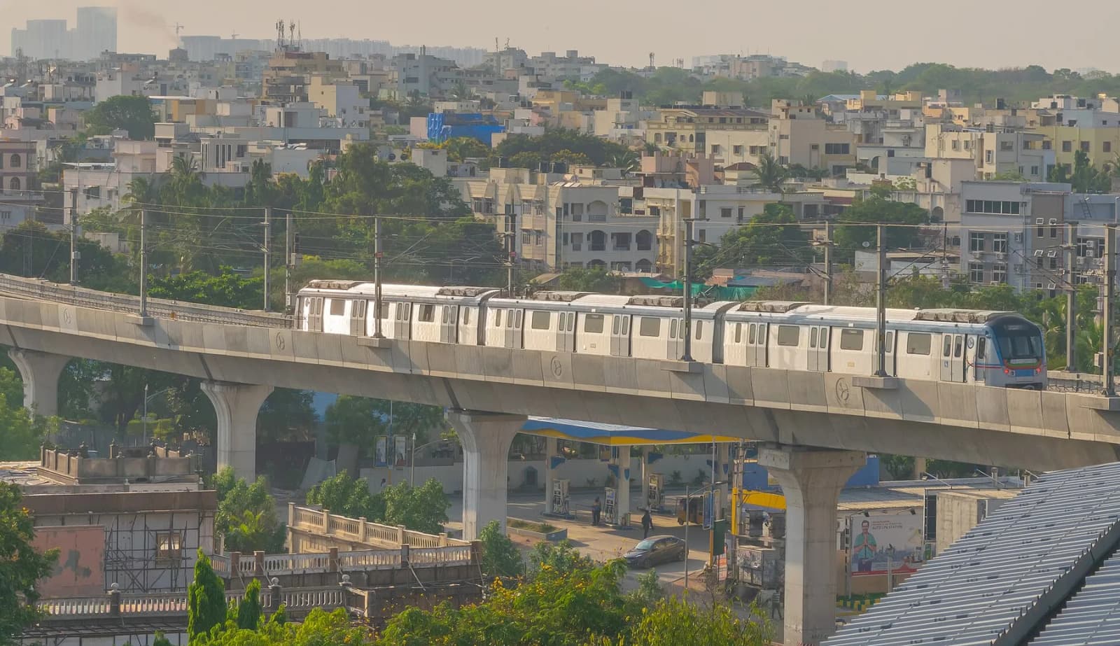 a Blue Line train at Ameerpet Metro station.