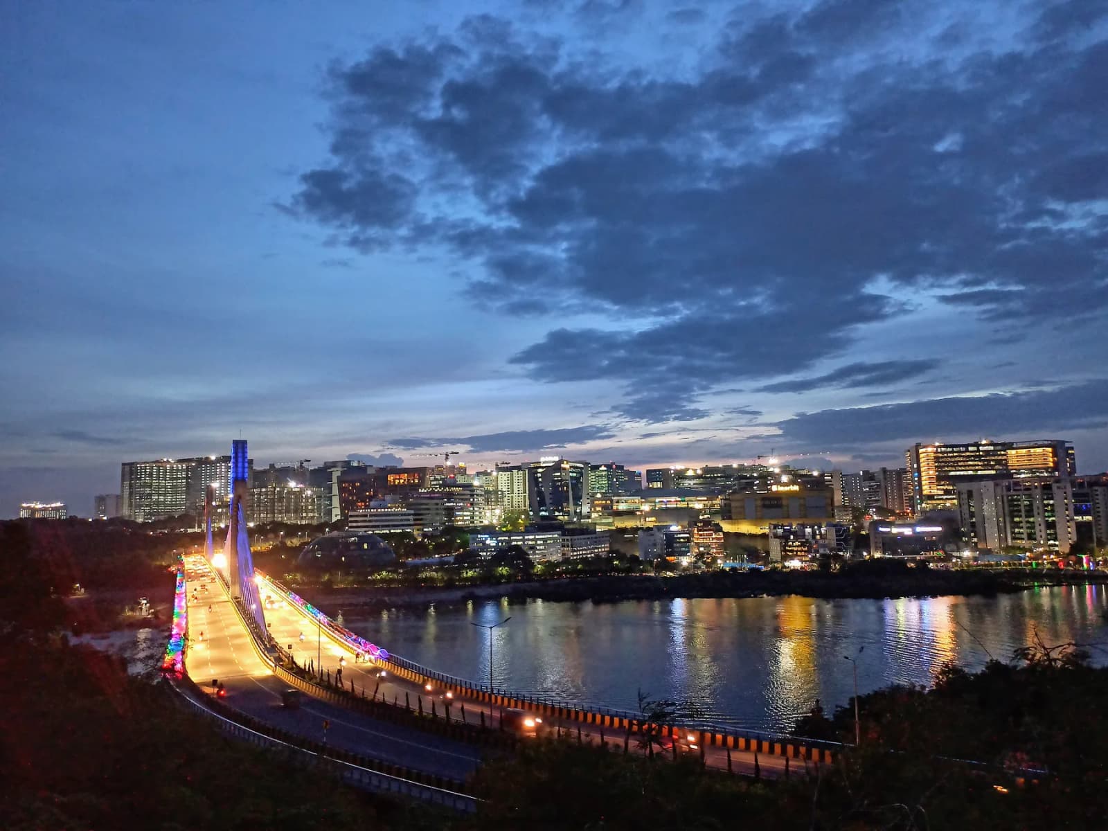 Hyderabad's cable bridge lit up at night