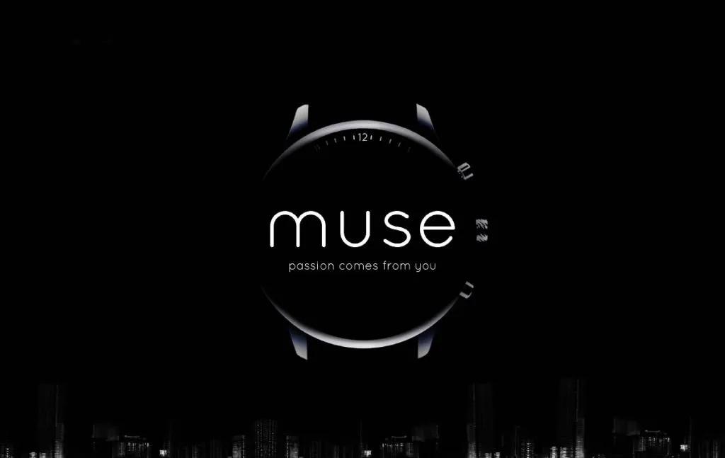 Dark graphic of a smartwatch face above a city skyline silhouette