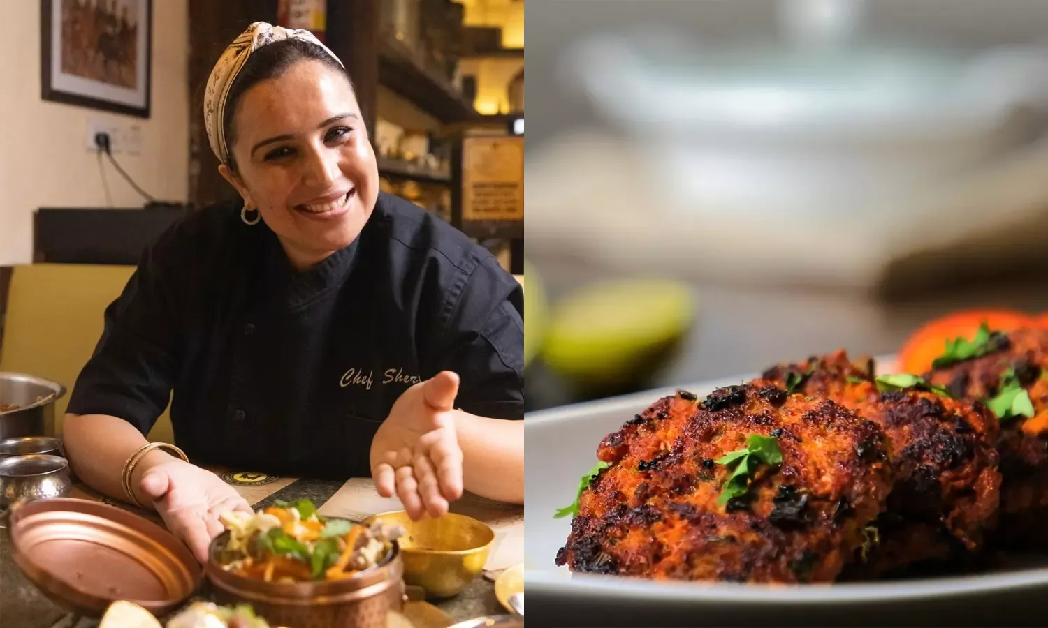 Woman in a chef's jacket at a table, beside a plate of garnished grilled food