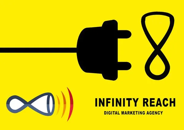 Yellow logo graphic of a plug and infinity symbol for a marketing agency