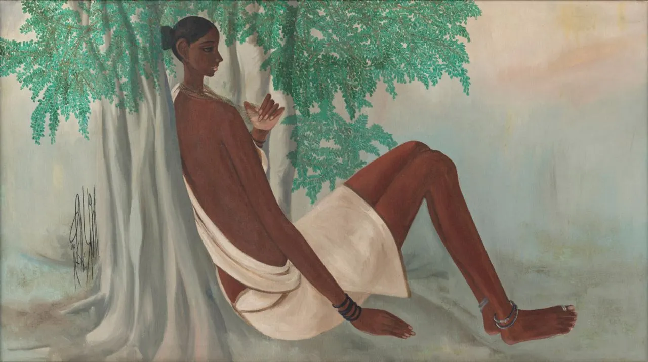 Illustration of a woman seated beneath a tree in muted colours