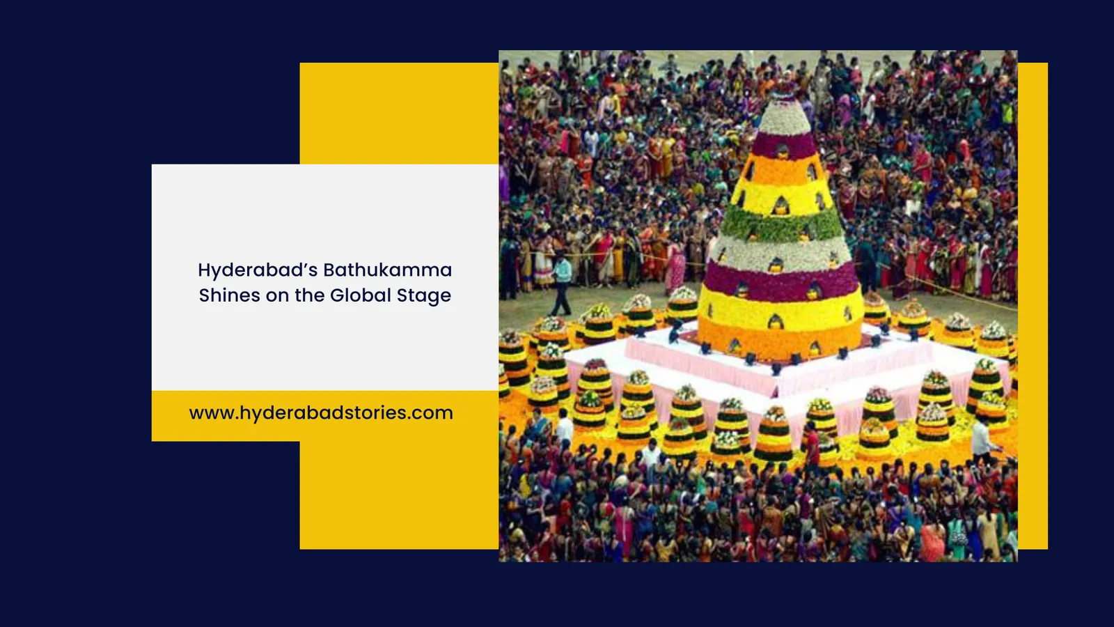 Graphic card showing an aerial view of a large floral festival gathering