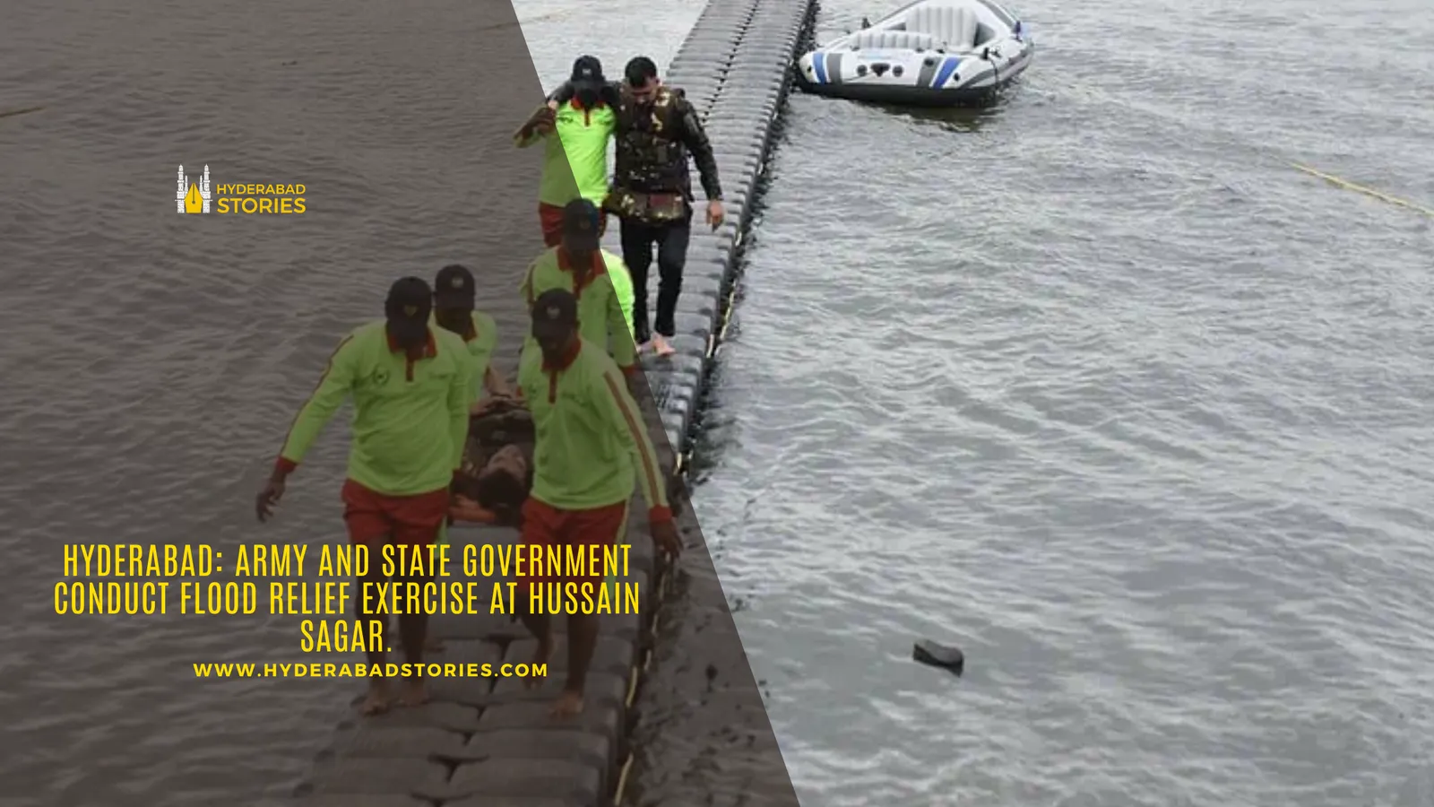 People in high-visibility vests walking along a pontoon on a lake