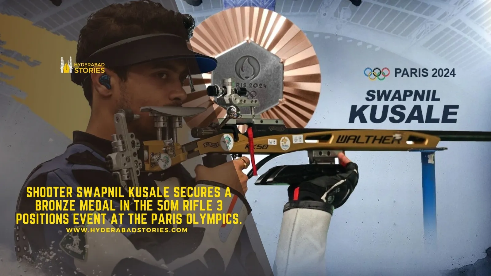 News graphic of a competitor aiming a target rifle at a shooting event