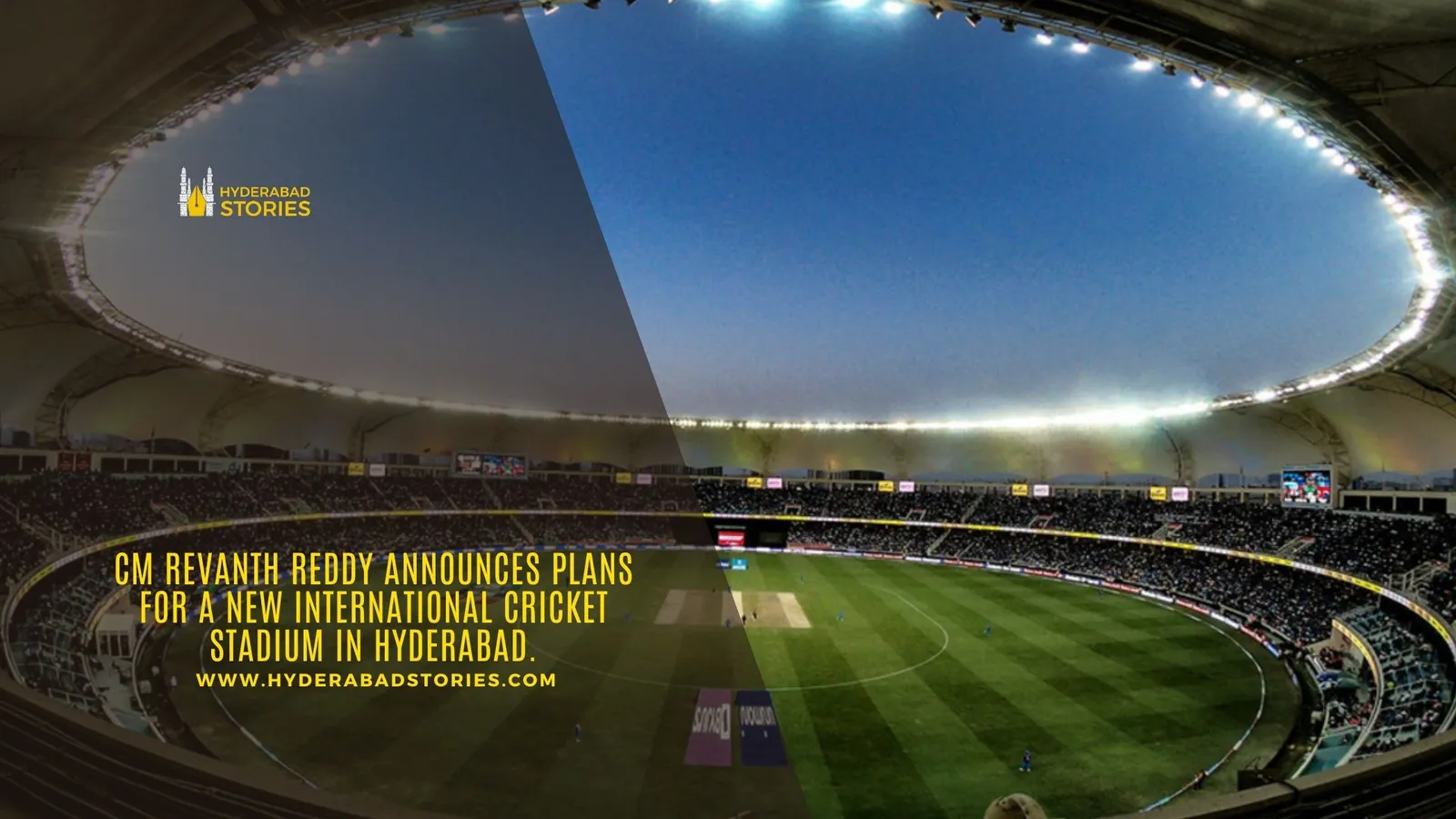 News graphic showing a floodlit oval cricket stadium seen from above at night