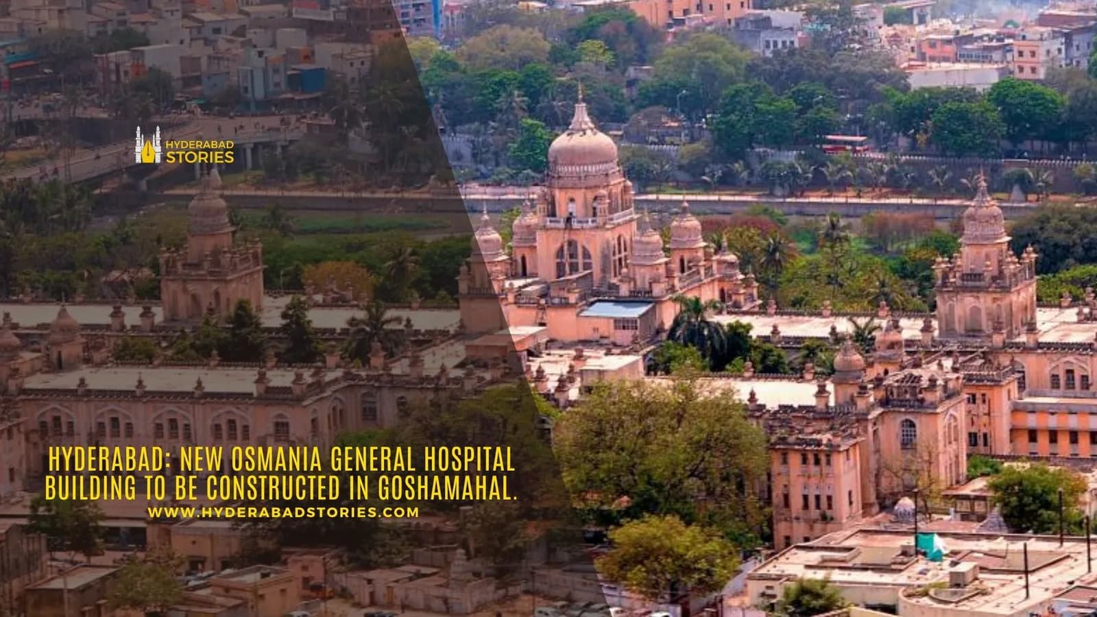 News graphic showing an aerial view of a domed heritage hospital building