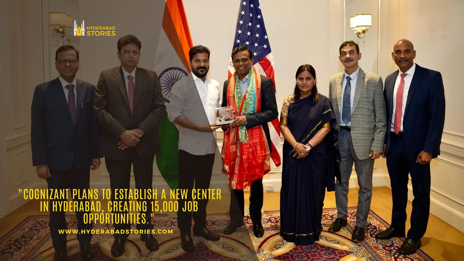 News graphic of a group posed indoors between the Indian and United States flags