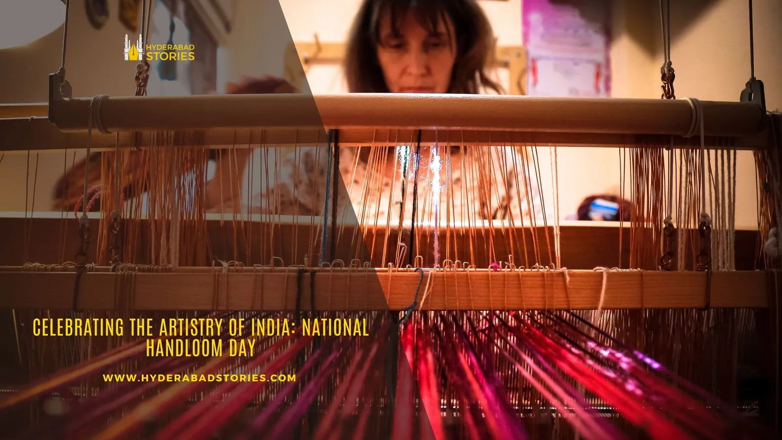 News graphic of a person working at a handloom with coloured threads in the foreground