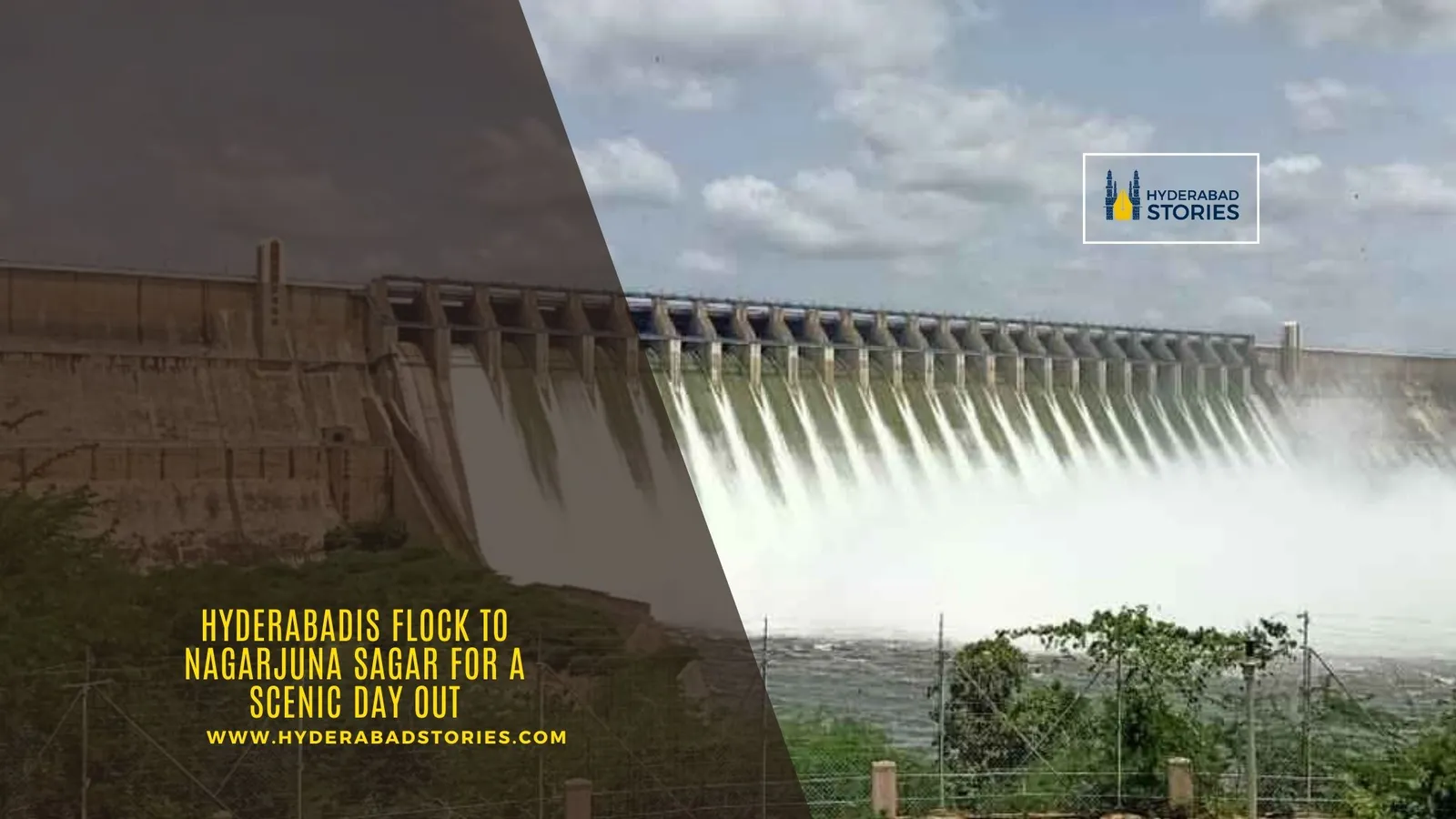 News graphic showing a large dam with spillway gates under a cloudy sky