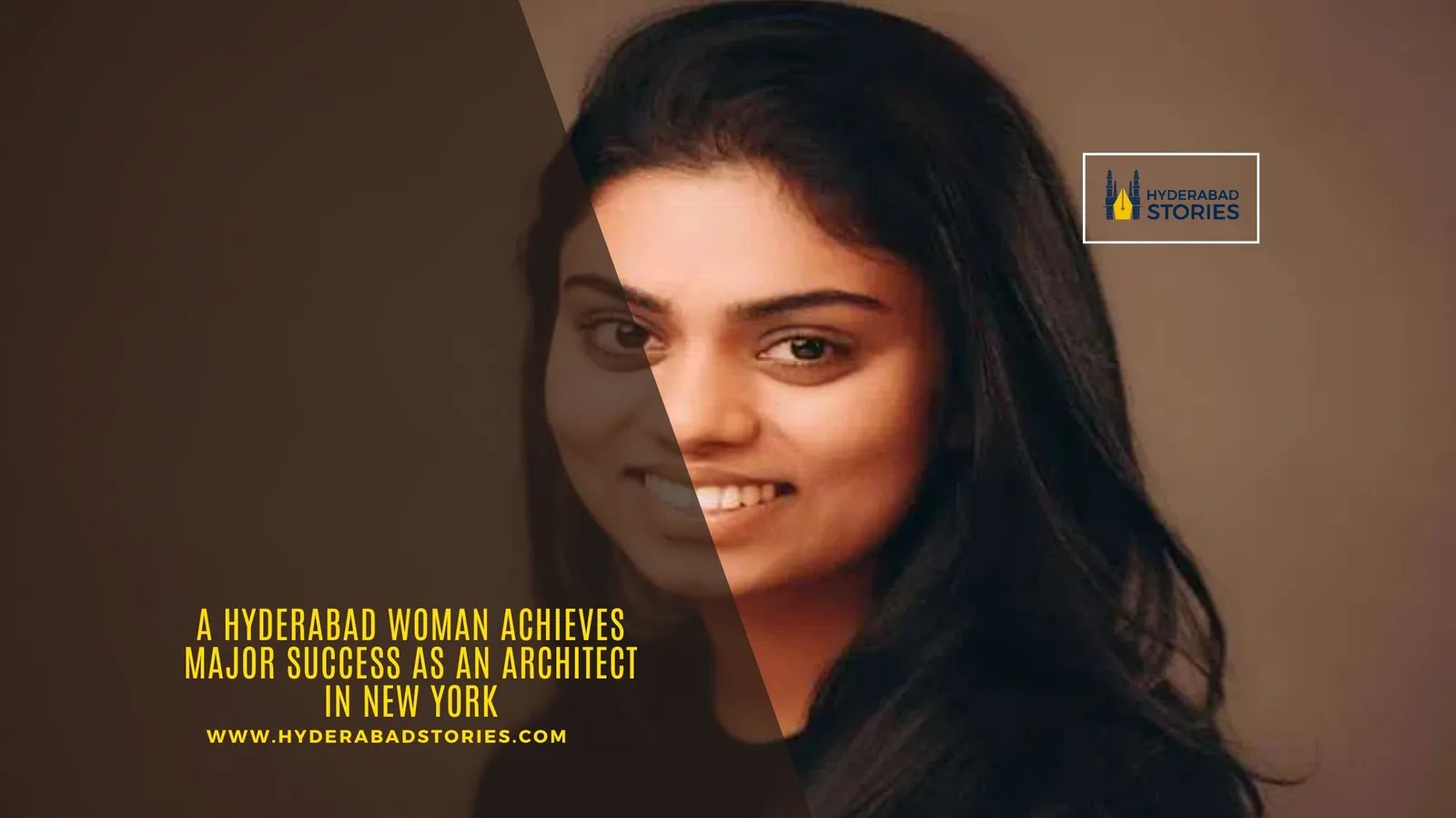 News graphic showing a portrait of a smiling woman against a dark background