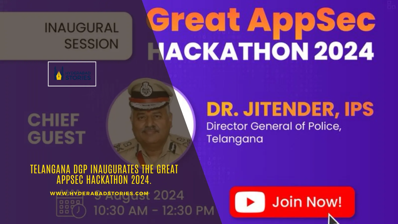 Event poster for a security hackathon with a portrait of the chief guest