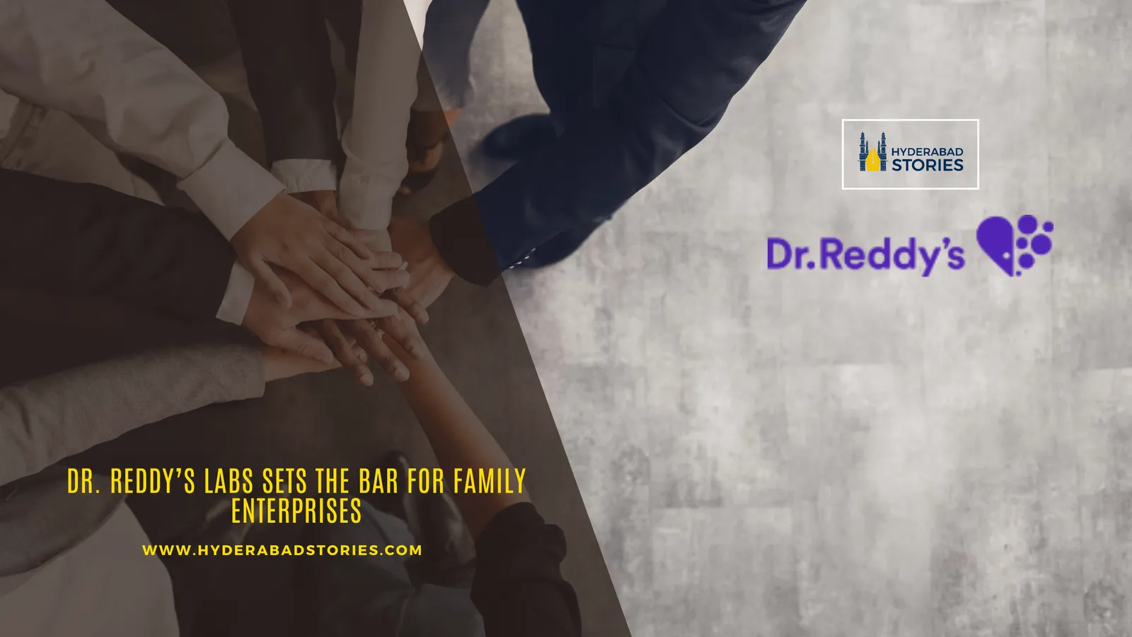 News graphic showing many hands stacked together beside a pharmaceutical logo