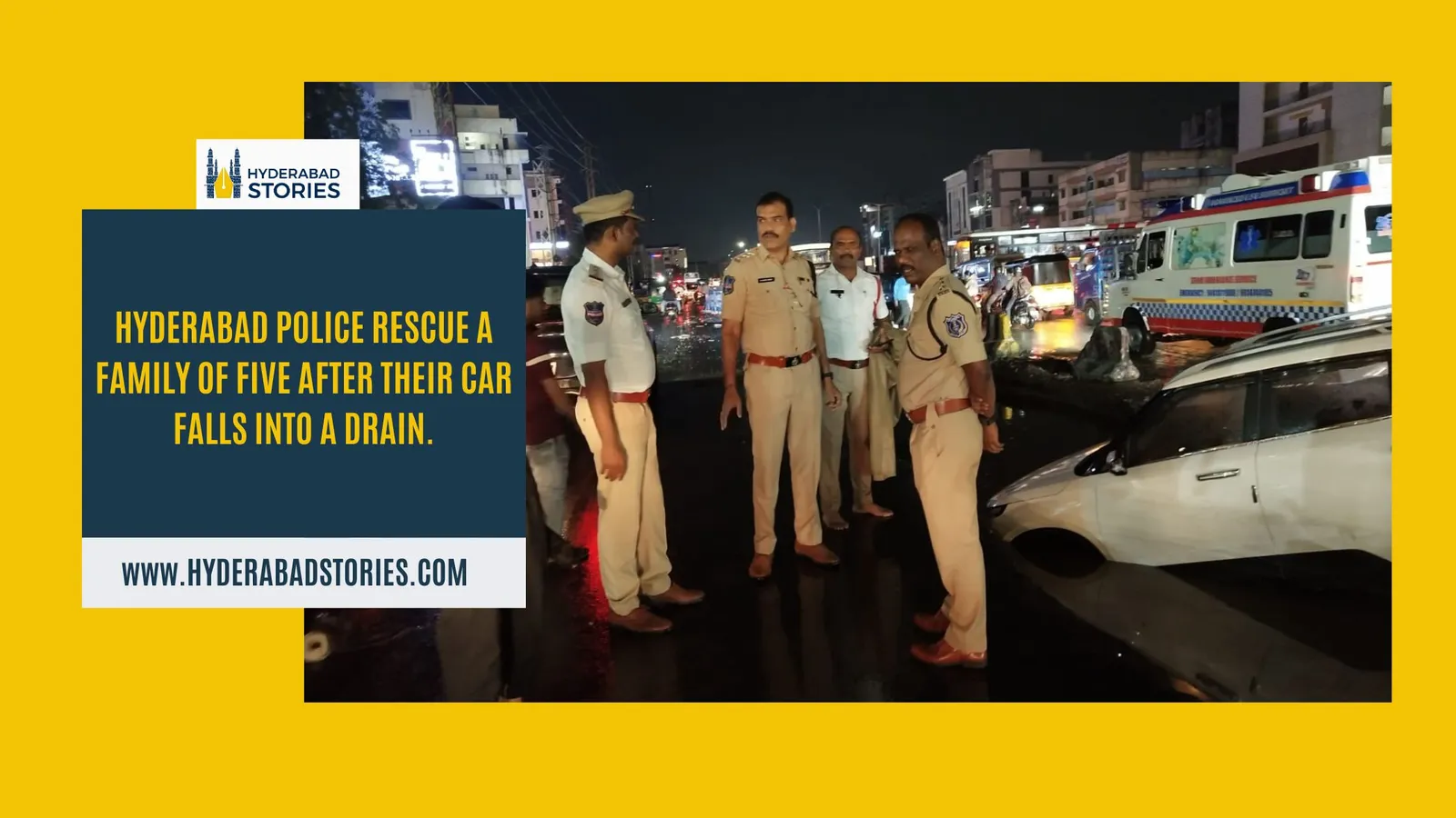 News graphic of police and an ambulance beside a car being recovered at night