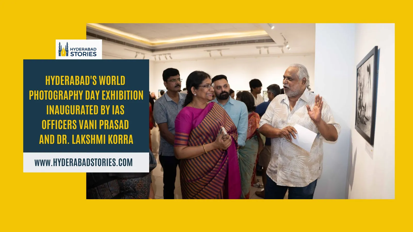 News graphic of visitors viewing framed photographs at a gallery opening