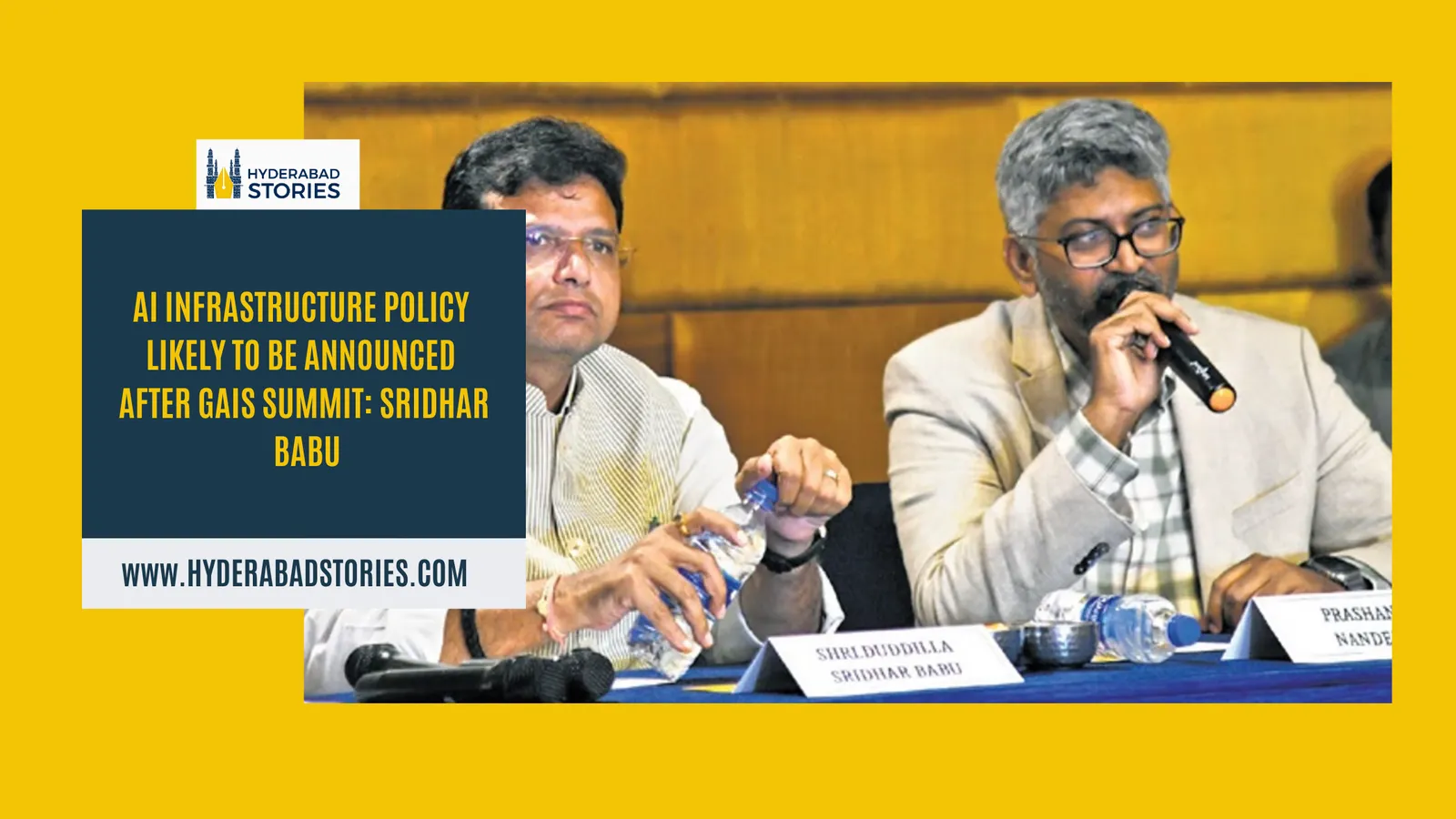 News graphic of two men speaking at a panel table with microphones