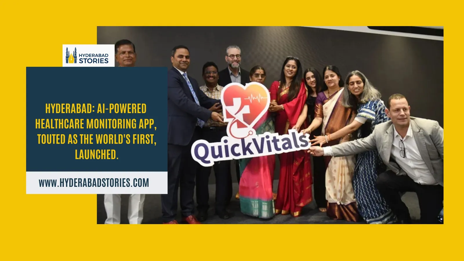 News graphic of a group posed indoors beside a health app logo