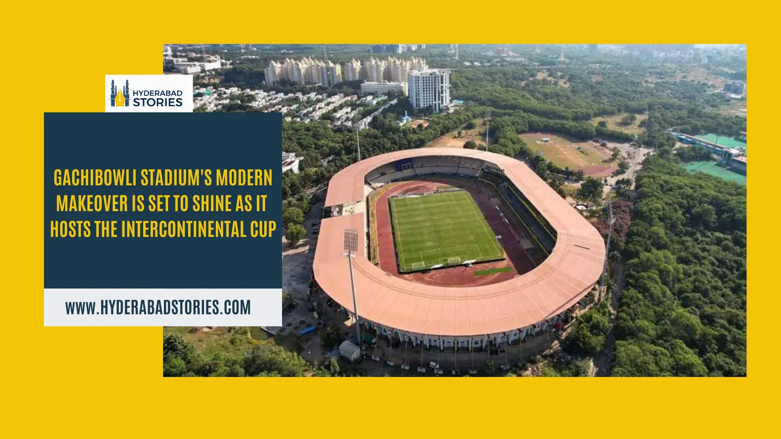 News graphic showing an aerial view of a stadium with a running track