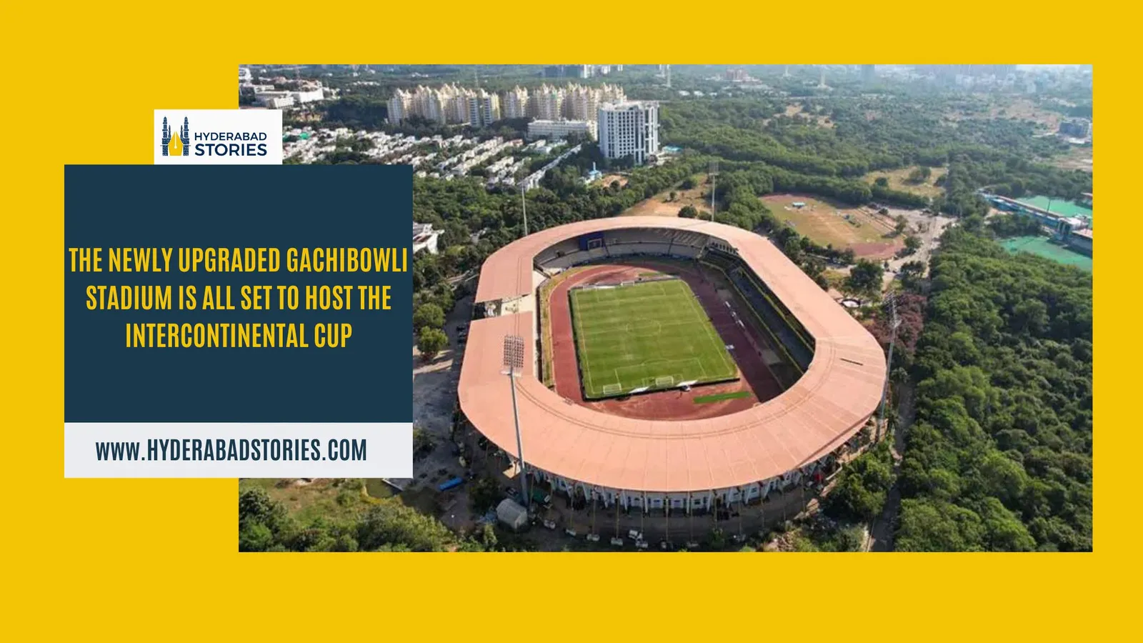 News graphic showing an aerial view of a stadium with a running track