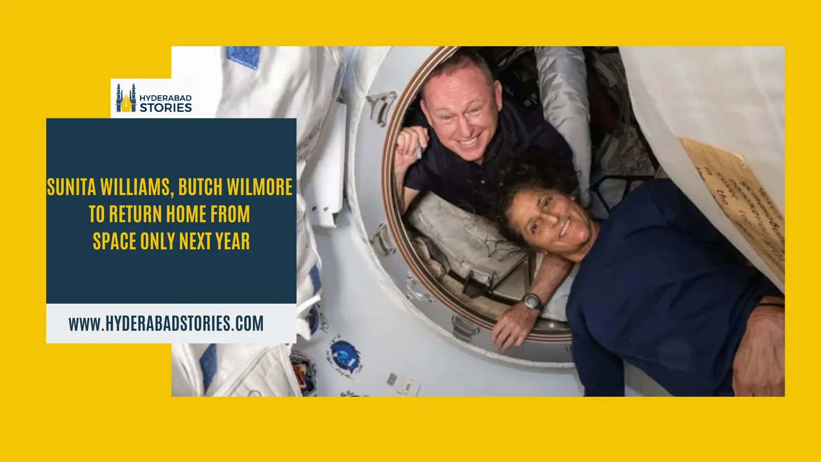 News graphic of two astronauts floating inside a spacecraft hatch
