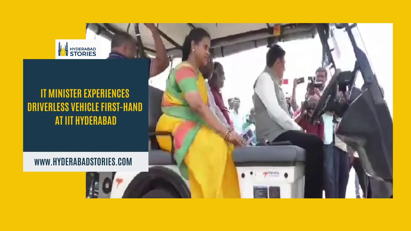 News graphic of people seated in a small driverless vehicle