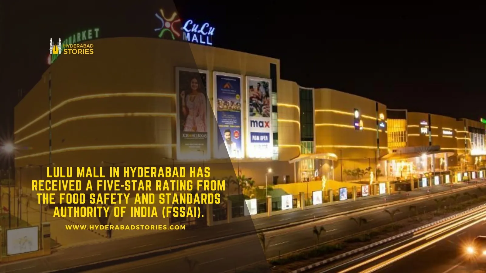News graphic of a lit shopping mall exterior at night beside a road
