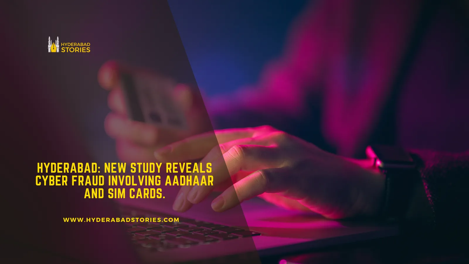 News graphic of hands typing on a laptop lit in pink and blue