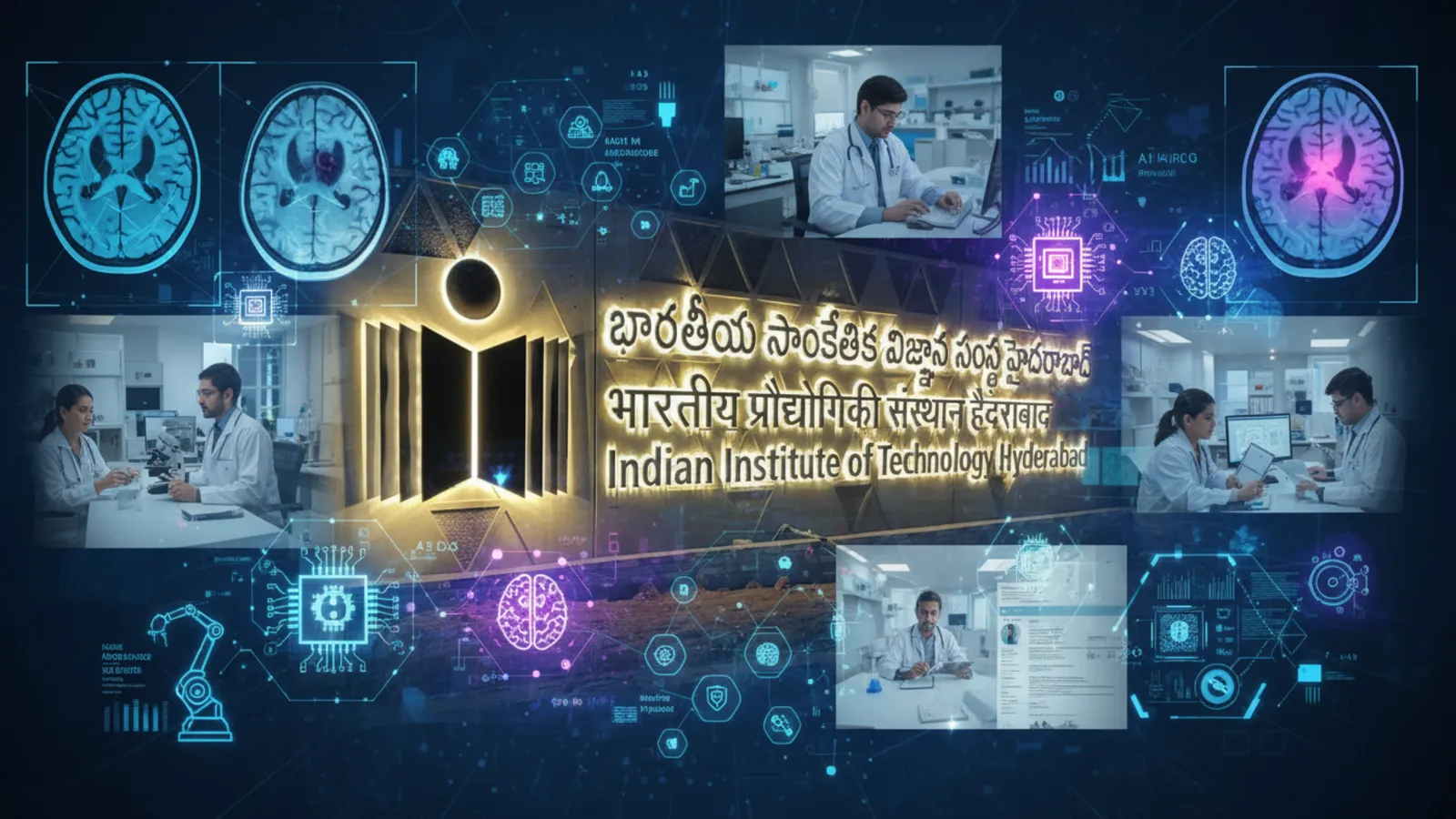 Composite graphic of medical scans, robotics and researchers at an institute