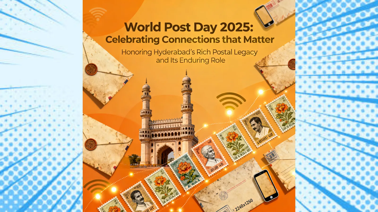 Illustrated graphic of a monument with postage stamps for World Post Day