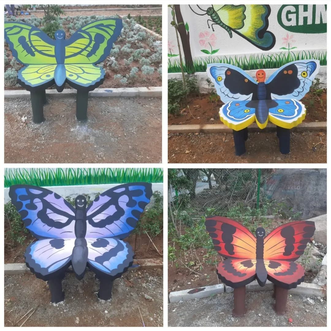Four photographs of painted butterfly-shaped benches installed outdoors