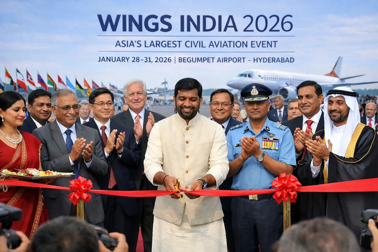 People applauding as a ribbon is cut at an aviation event beside flags