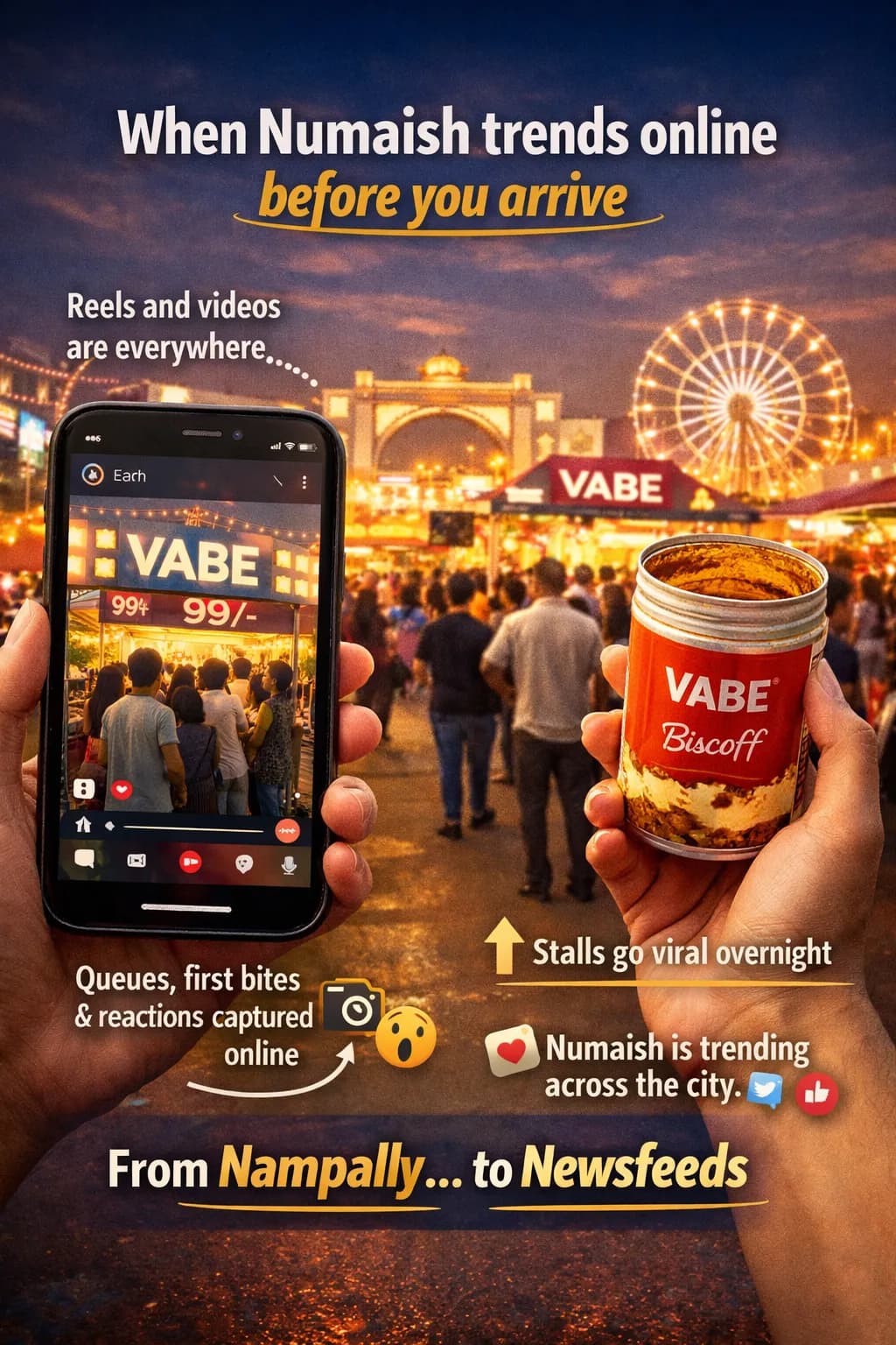 Promotional graphic of a hand holding a phone at a lit night fair