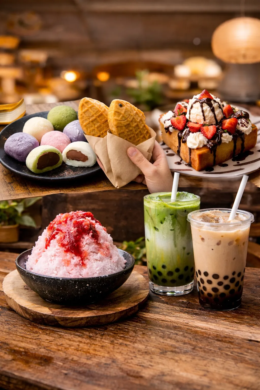 Assorted desserts and iced drinks arranged on a wooden board