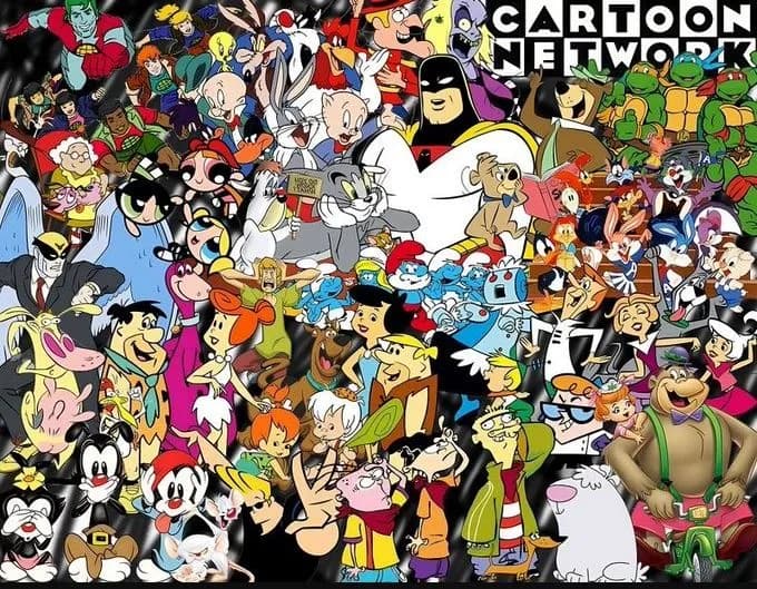 Dense collage of many cartoon characters