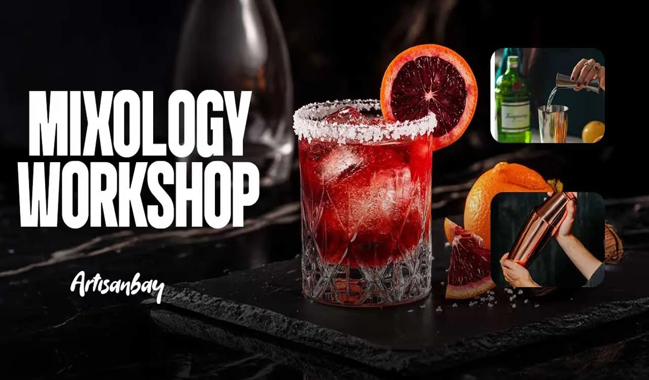 Promotional graphic of a red cocktail with fruit for a mixology workshop