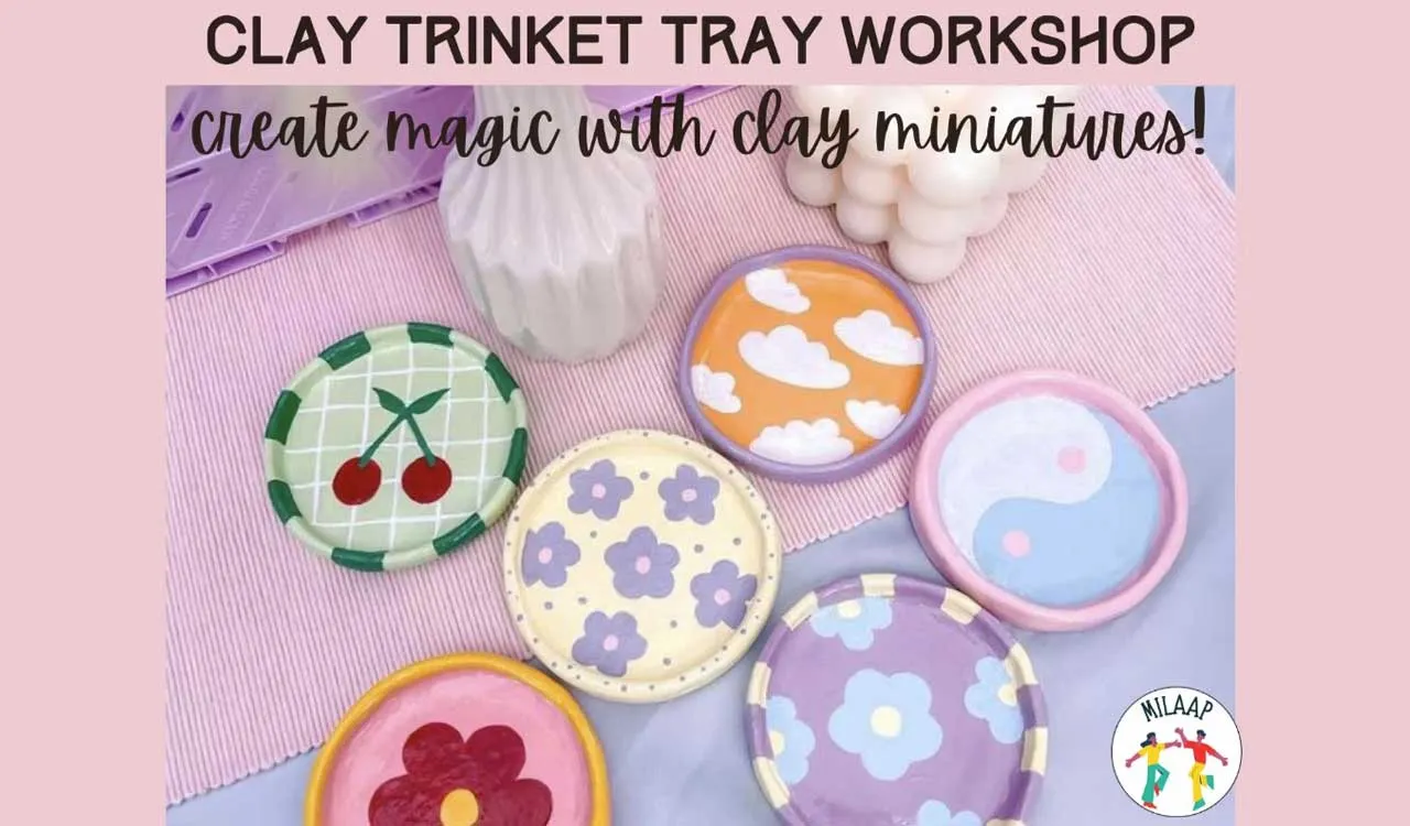 Promotional graphic of painted clay trinket trays for a craft workshop