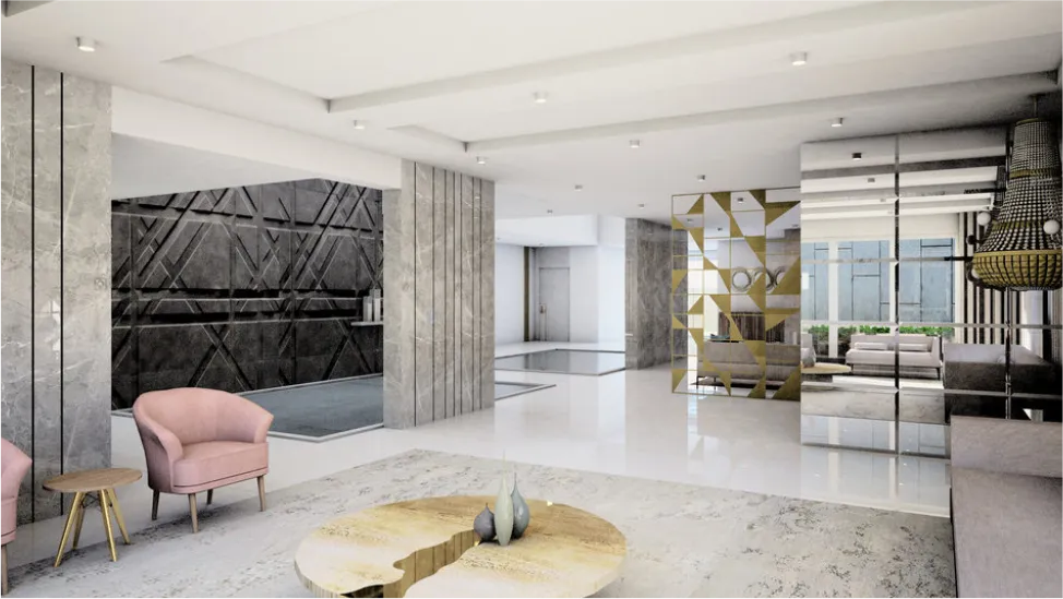 Lobby interior with patterned walls, armchairs and a round marble table