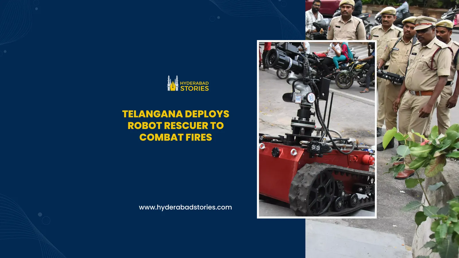 News graphic of uniformed officers standing beside a tracked robot vehicle