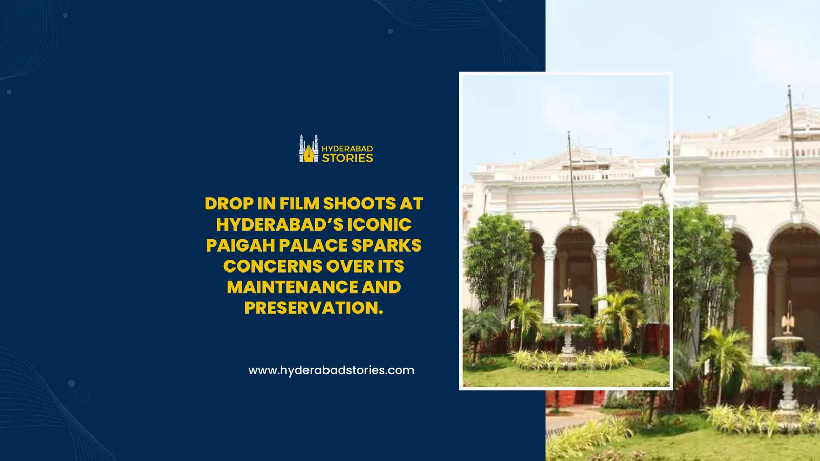 News graphic of a colonnaded palace building with a garden courtyard