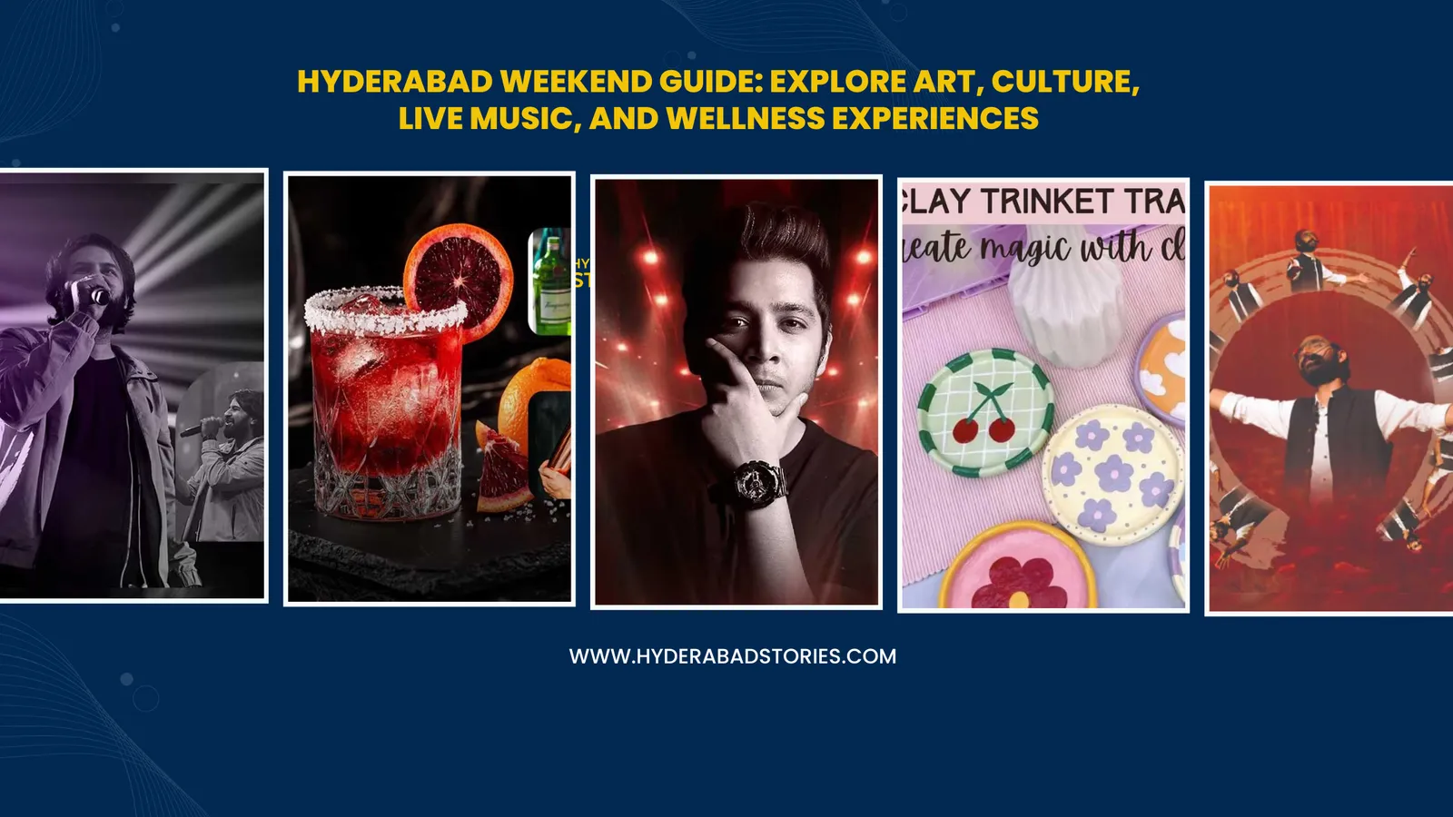 News graphic showing five event posters side by side