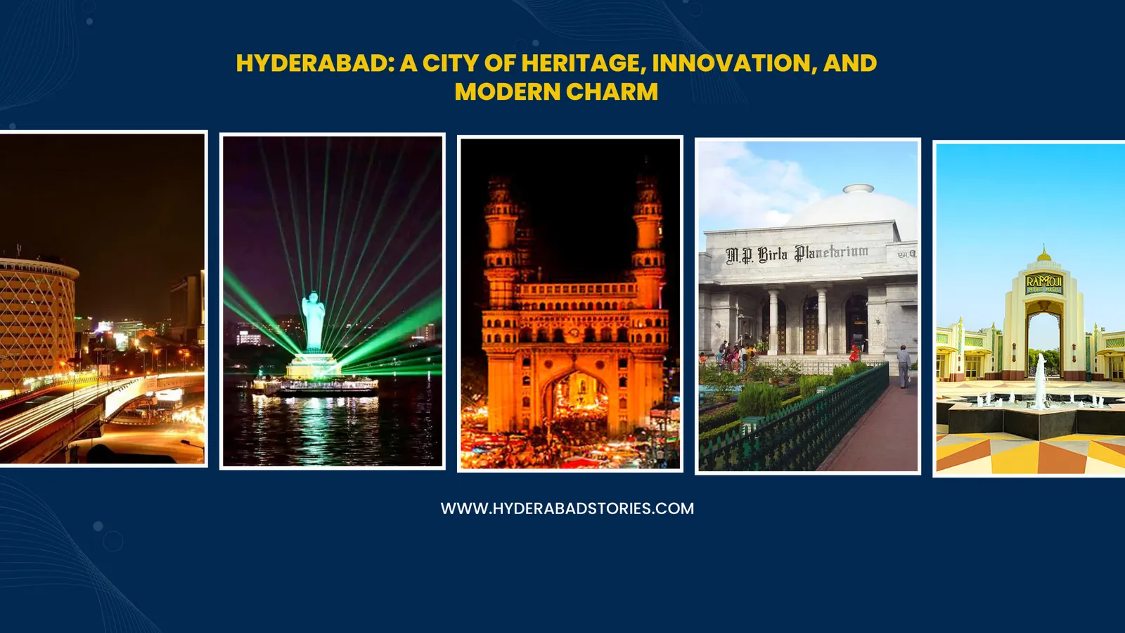 News graphic showing five photographs of city landmarks at night