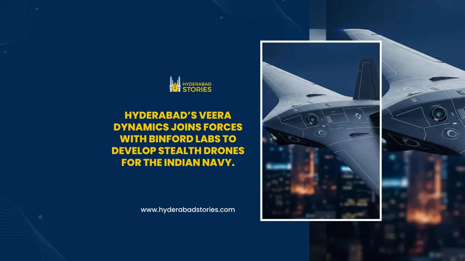 News graphic of a flying-wing drone above a lit skyline
