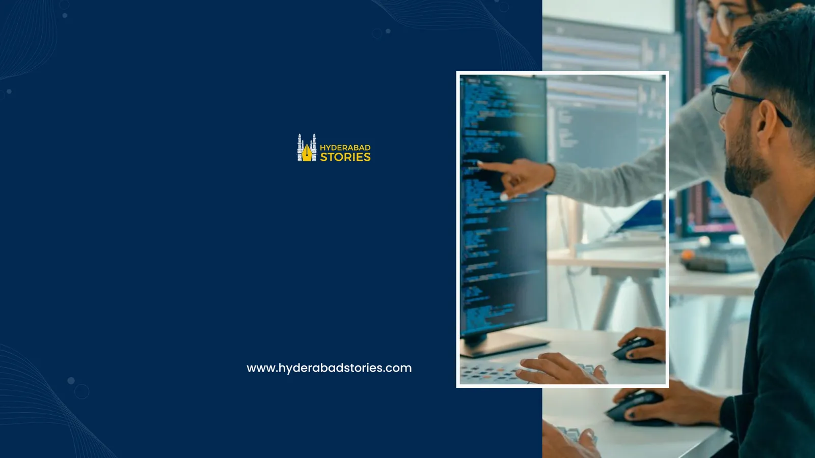 News graphic of a person pointing at code on a screen beside a colleague
