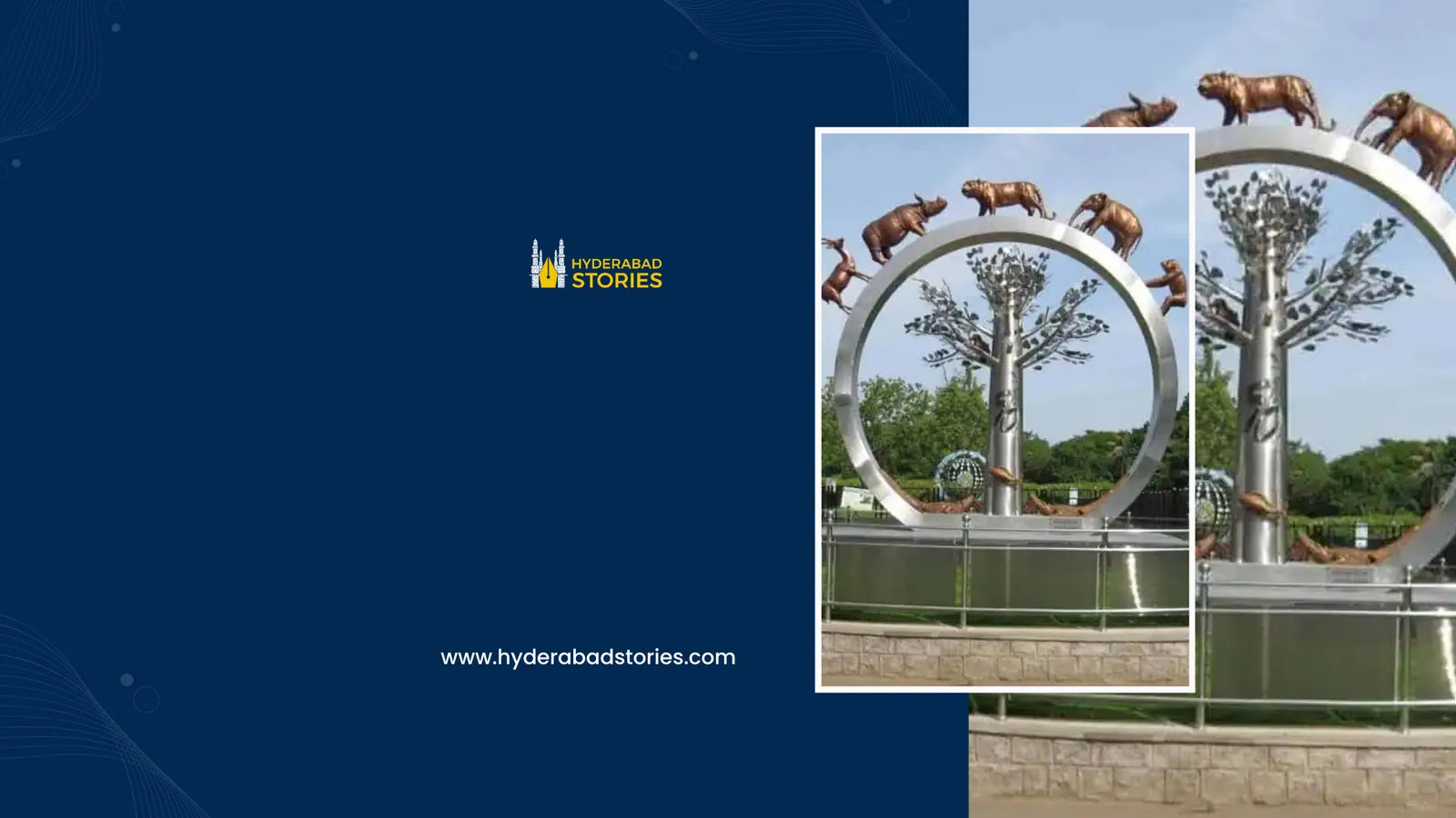 News graphic of a metal archway with animal figures in a park