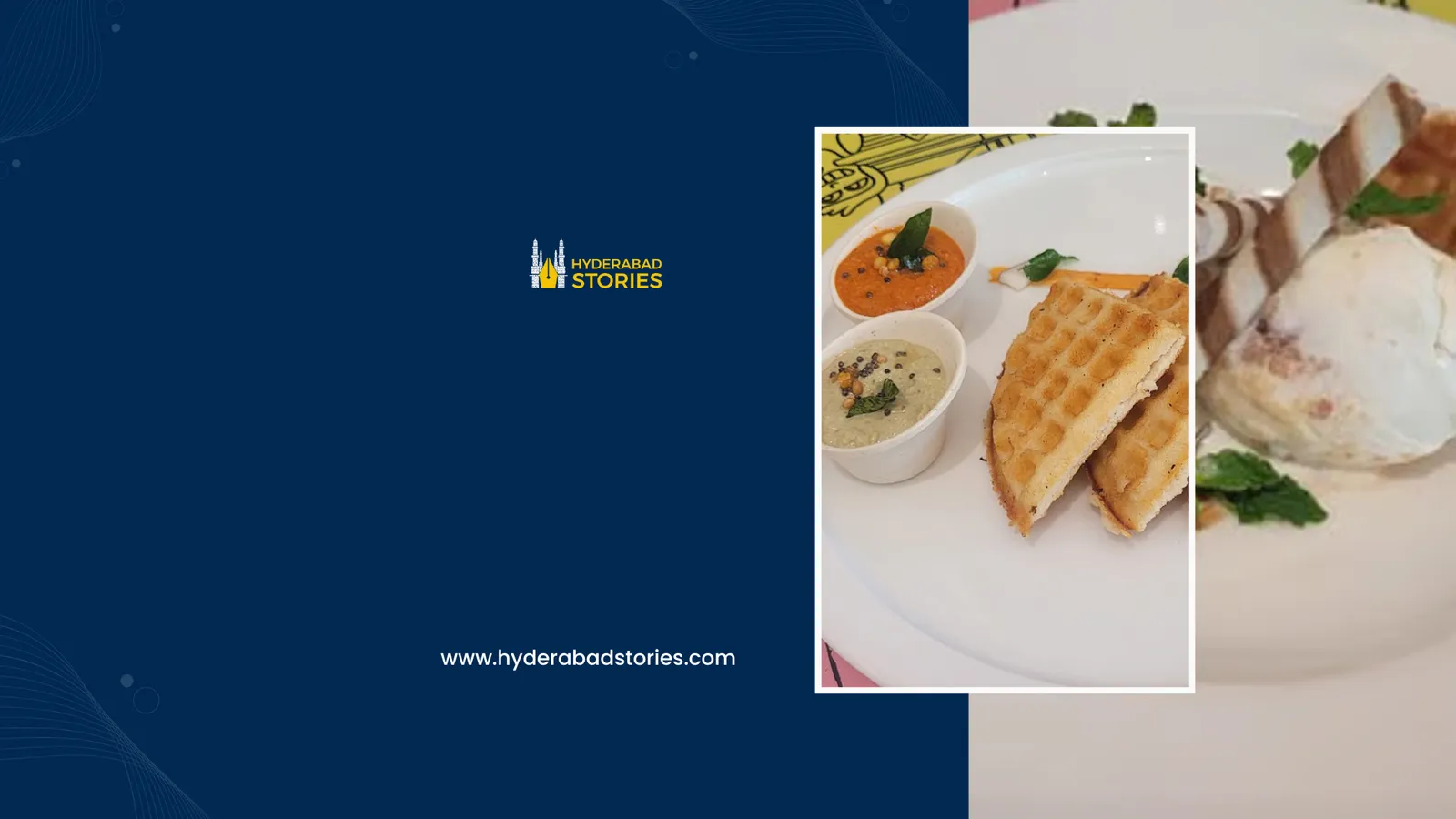 News graphic of a plated meal with sauces and a dessert