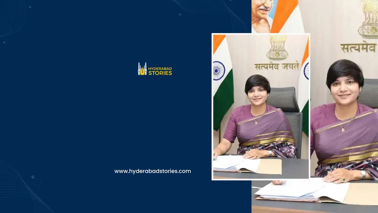 News graphic of a woman seated at a desk before the national emblem