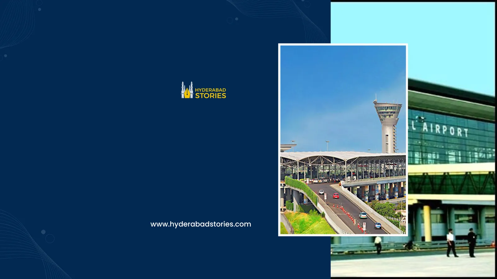 News graphic of an airport terminal with an access road and control tower