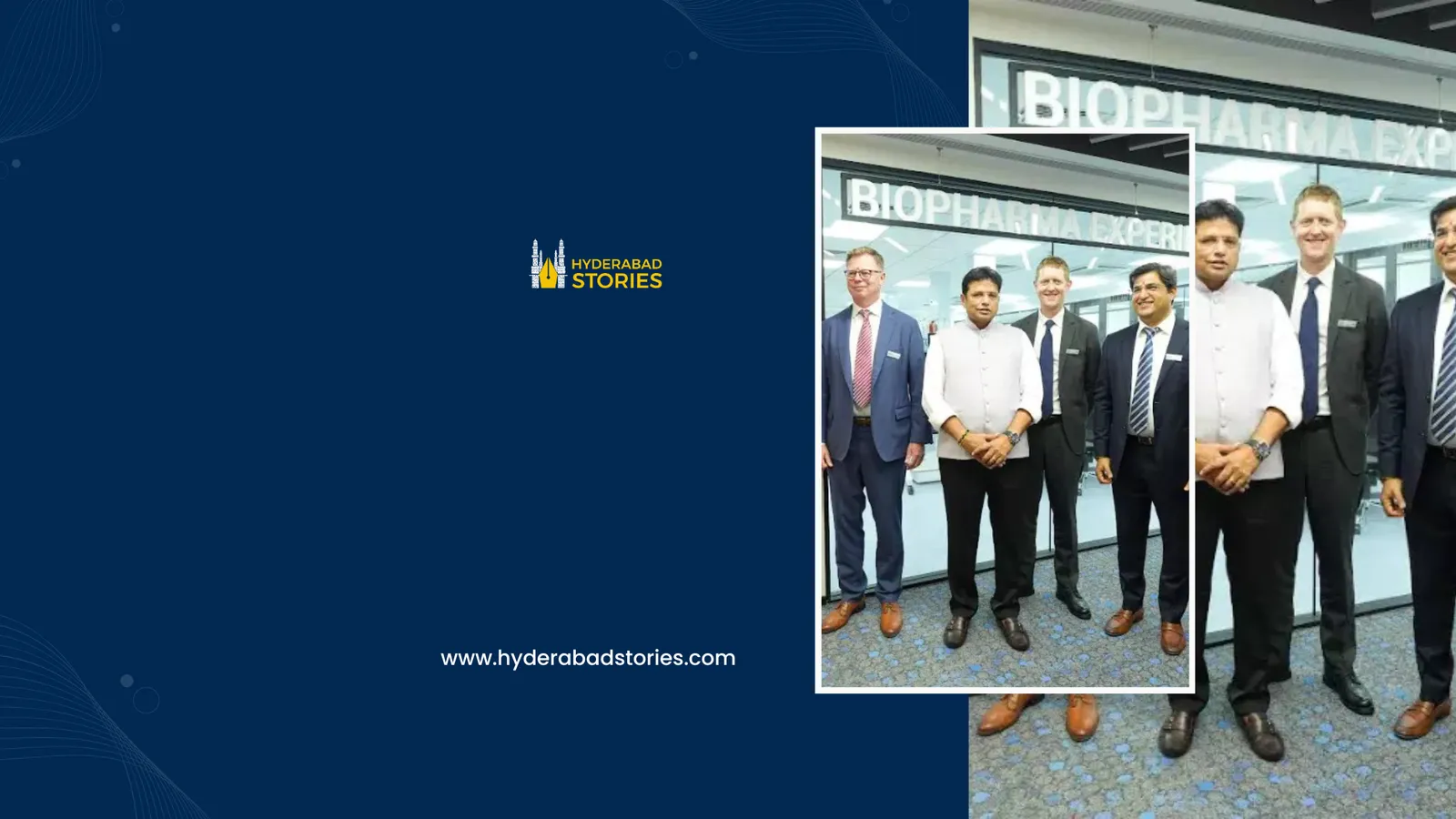 News graphic of men in suits posed at a biopharma exhibition stand