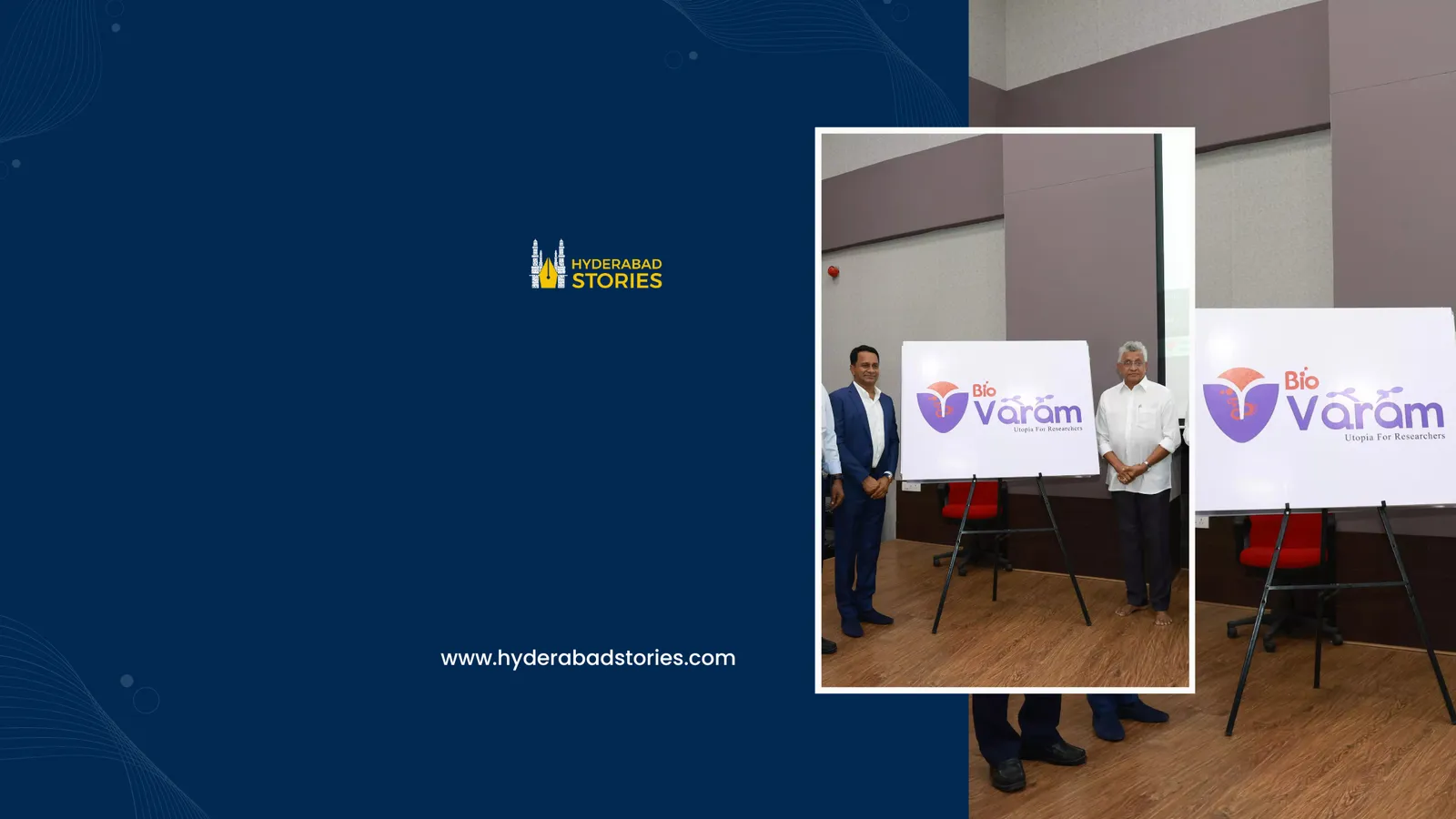 News graphic of two men at a product launch beside branded boards