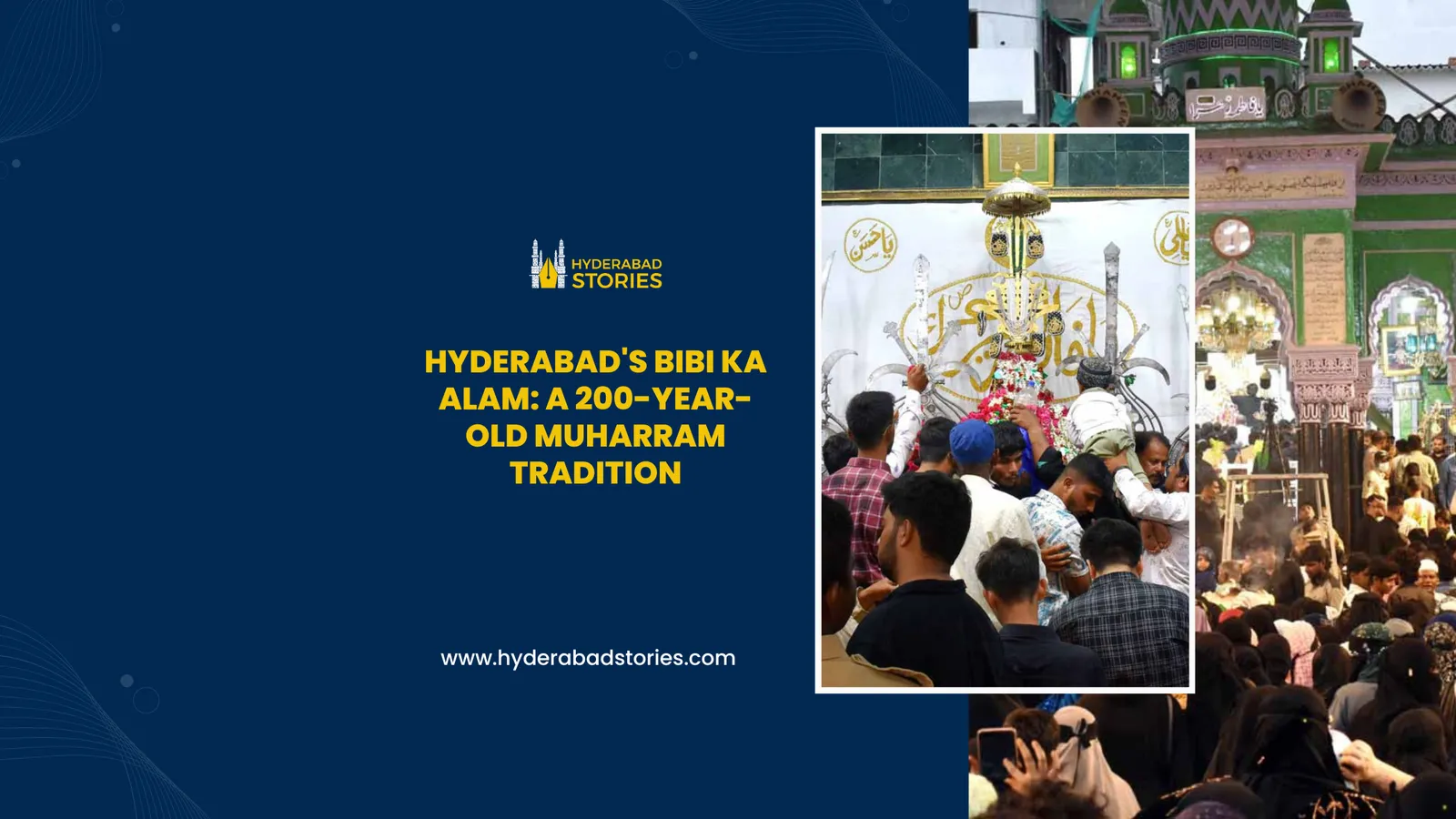 News graphic of a decorated shrine with a crowd gathered around it
